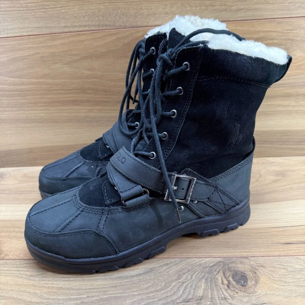Polo Ralph Lauren Tavin‎ Shearling Boots Big Boys Size 4.5 Black Leather Suede